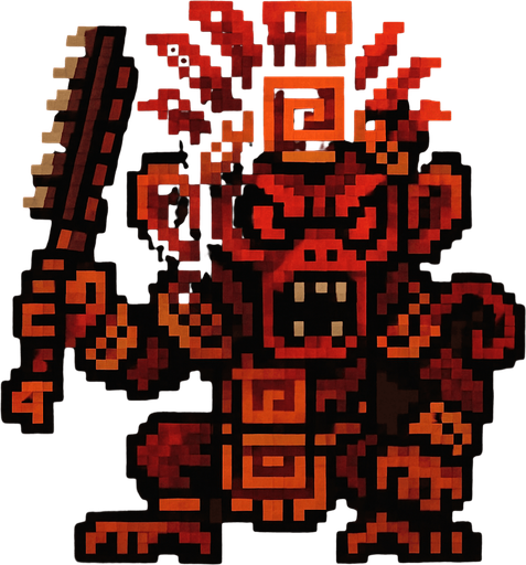 Genérame una MONO TITÍ guerra azteca con eso patrones estilo pixelar, con una apariencia maligna..
In-Game asset.  2d.  High contrast.  No shadows