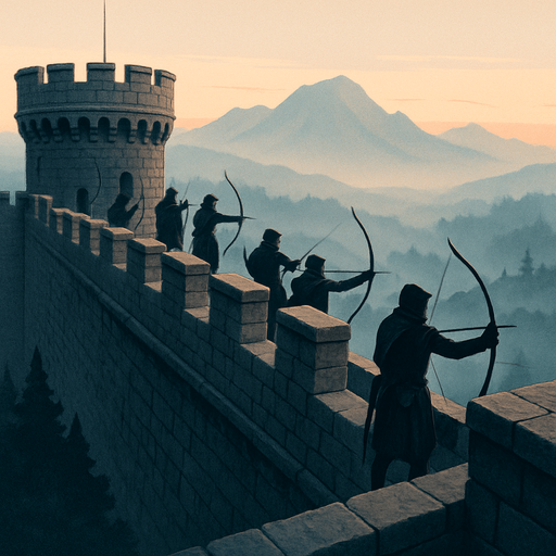 A high medieval castle wall overlooking the land, stone parapets with archers, distant mountains in the fog, early dawn light, realistic.
In-Game asset.  2d.  High contrast.  No shadows