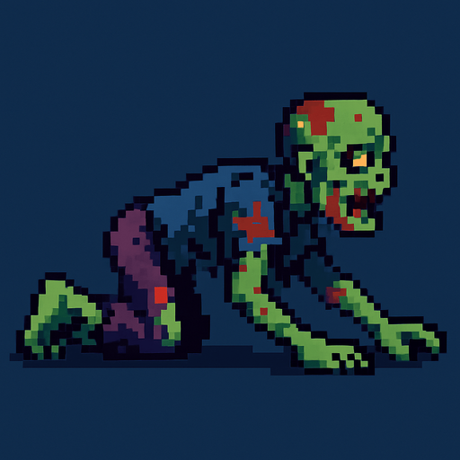A crawling zombie. pixel art  left in a side view..
In-Game asset.  2d.  High contrast.  No shadows