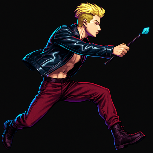 Swishy graceful man Cyberpunk manga, wand pointed straight ahead, arm extended, jump attack, side profile view attack animation, shiny black leather biker jacket longsleeves shirtless Skinny abs blonde pompadour guy, action shot wine red joggers combat boots, Background removed, "Full-body character, entirely in frame, no cropping of face, head, or feet" "Complete character visible, from head to toe, fully centered in the image" "Entire character, including face and boots, fully within the frame" Character fully contained within a square frame, no edges cut off fashion model running pose