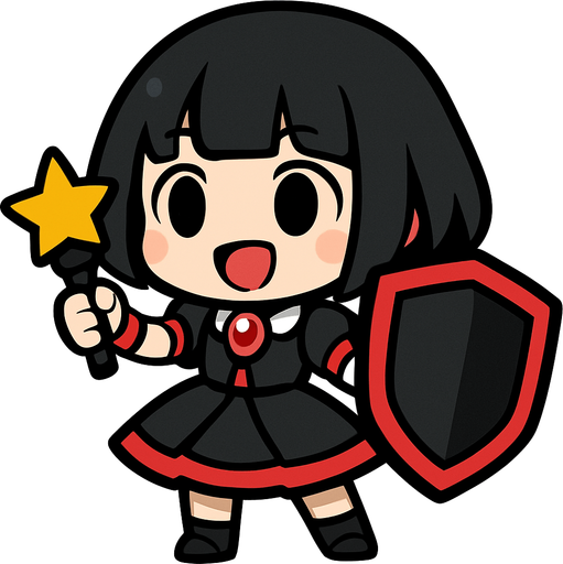 Esta chica tiene un diseño de estilo chibi anime, lo que le da un aspecto adorable y expresivo. Aquí va una descripción detallada:

🔸 Apariencia general:
Es una niña pequeña de proporciones caricaturescas, con cabeza grande y cuerpo diminuto, típica del estilo chibi.

🔸 Cabello:
Cabello negro, corto, llega hasta sus hombros. Estilo honguito.

🔸 Ropa:
Viste un traje colorido similar al de una idol japonesa:

Vestido negro con detalles rojos

Gema roja en el pecho

Falda con vuelo, color negro y una línea roja en el final de la falda

🔸 Accesorios:

Lleva un micrófono con forma de estrella en una mano, lo que sugiere que es una cantante o idol.

En la otra mano, sostiene un escudo de color negro con detalles rojos del tamaño de su cuerpo, lo cual le da un toque de una escudera alegre
🔸 Expresión:
Tiene una expresión alegre, decidida y enérgica, como si estuviera lista para una canción. Tiene la boca abierta de felicidad, simulando que canta feliz para sus fans.
In-Game asset.  2d.  High contrast.  No shadows