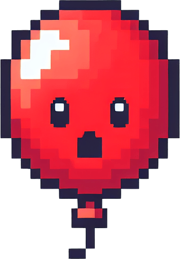 cute red balloon. looking up. feeling scared. Single Game Texture. In-Game asset. 2d. Blank background. High contrast. No shadows. pixel. 8 bit
