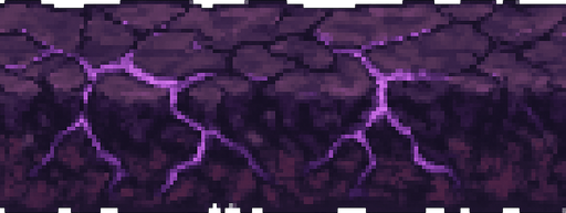"High-quality 2D pixel art of a corrupted, infected soil tile designed as a horizontal strip. The terrain appears as a thin, straight line of dark purple, violet, and magenta tones, resembling infected earth. Cracks, glowing purple veins, and subtle texture details give it a diseased, magical look. The line is seamless and tileable, ideal for use as a corrupted ground border or floor edge in a fantasy RPG. Style is clean and detailed 16-bit pixel art. Transparent background