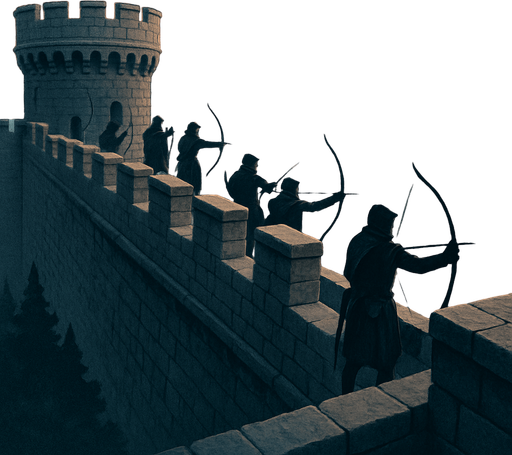 A high medieval castle wall overlooking the land, stone parapets with archers, distant mountains in the fog, early dawn light, realistic.
In-Game asset.  2d.  High contrast.  No shadows
