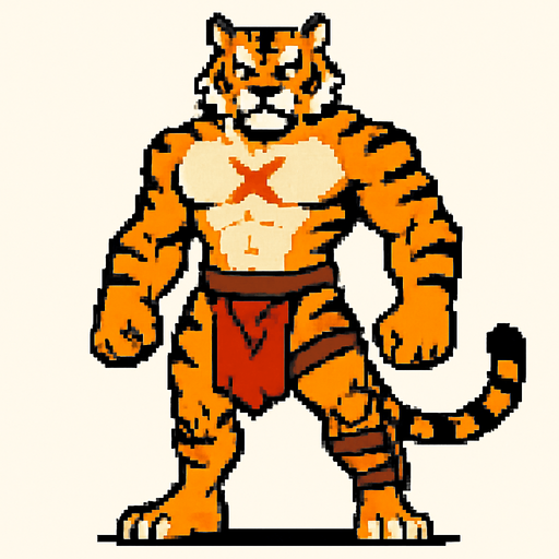 Tigre furry fuerte con una marca de x en su pectoral y pixeleado y que se vea todo su cuerpo, con un taparrabos y una piernera con una daga 
In-Game asset.  2d.  High contrast.  No shadows