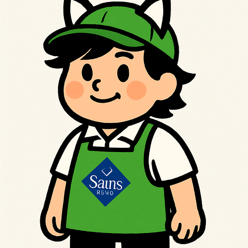 Es una trabajador de sams club, adorable, cabello un poco de emo, un poco cacheton y orejas de gatito en forma de diadema por encima de su gorra
 con gorra verde y mandil verde, playera polo blanca y pantalon negro.
In-Game asset.  High contrast.  No shadows