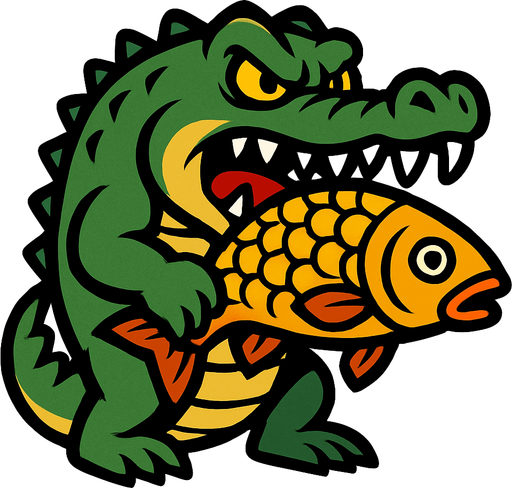 Angry crocodile holding a carp.
In-Game asset.  2d.  High contrast.  No shadows