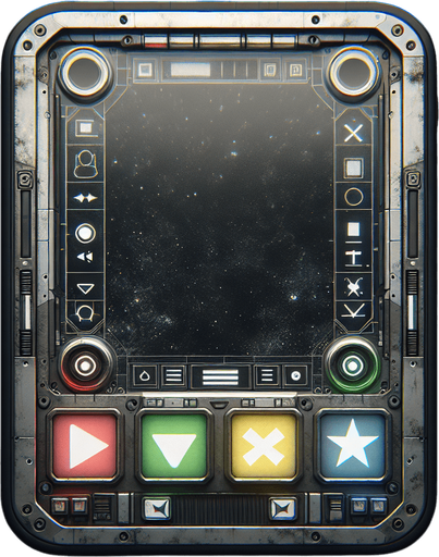 Design a clean and minimalistic landscape-oriented mobile phone interface inspired by Star Wars, adhering to user-friendly web design principles. The frame has a sleek, weathered industrial aesthetic with rounded edges and a muted metallic finish. The screen is completely empty, providing a clean and open space.

At the bottom of the HUD, align four large buttons in a simple, straight row. Each button features a unique, bold shape: a triangle, a square, an X, and a star. The buttons are evenly spaced, brightly colored (e.g., red, green, blue, yellow), and have a subtle glow with smooth, tactile designs to make them visually distinct and user-friendly.

The background incorporates faint industrial details, such as subtle panel lines or rivets, to reinforce the Star Wars aesthetic without overwhelming the design. The interface balances functionality and thematic style while maintaining a minimalist and intuitive layout focused on the aligned button array..
Single Game Texture. In-Game asset. 2d. Blank background. High contrast. No shadows.