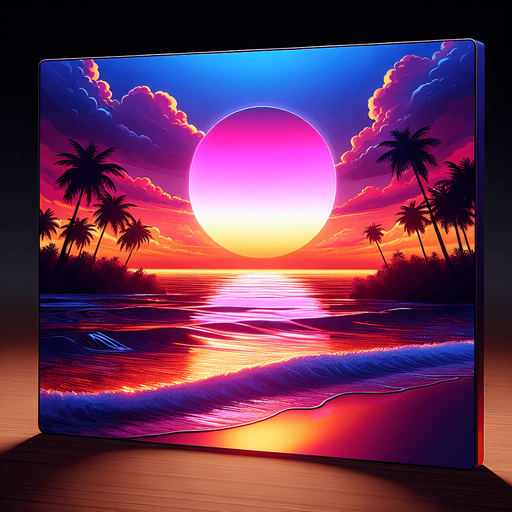 A sunset beach background with waves and palm trees..
Single Game Texture.  In-Game asset.  2d.  Blank background.  High contrast.  No shadows