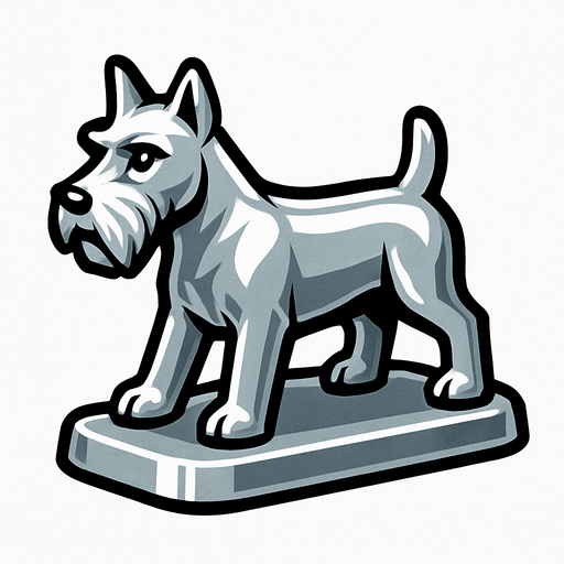 Köpek şeklinde gümüş monopoly piyonu yap.
In-Game asset.  2d.  High contrast.  No shadows