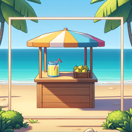 An empty beach side lemonade stand..
Single Game Texture. In-Game asset. 2d. Blank background. High contrast. No shadows.