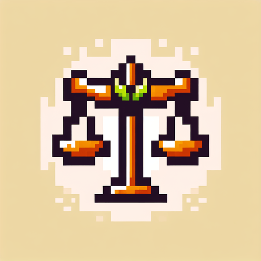 justice logo. 8-bit. cartoon..
Single Game Texture. In-Game asset. 2d. Blank background. High contrast. No shadows.