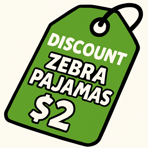 green price tag that says discount zebra pajamas $2.
In-Game asset.  2d.  High contrast.  No shadows
