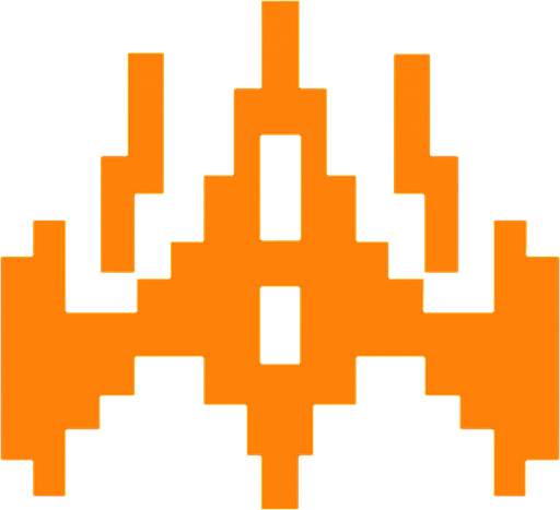 It's a spaceship made of orange pixels, reminiscent of arcade games..
In-Game asset.  2d.  High contrast.  No shadows