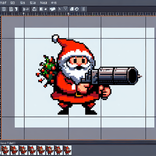 a top view of a 16 bit sprite santa with a bazooka Single Game Texture. In-Game asset. 2d. Blank background. High contrast. No shadows.