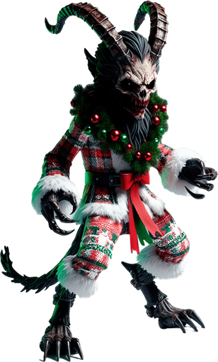 Eerie Christmas-inspired krampus doll sitting similar to a resident evil
Single Game Texture. In-Game asset. 2d. Blank background. High contrast. No shadows.