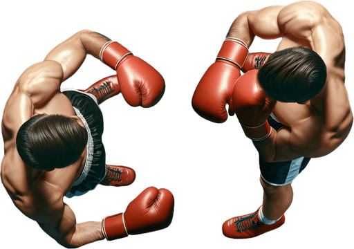 Un boxeur vu de dessus dans 2 positions : en garde et frappe.