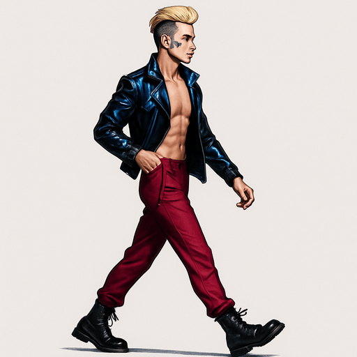 Swishy graceful man Cyberpunk manga, camera-facing arm bent In fro t of body, side profile view walking animation, shiny black leather biker jacket longsleeves shirtless Skinny abs blonde undercut pompadour guy, action shot wine red joggers combat boots, Background removed, "Full-body character, entirely in frame, no cropping of face, head, or feet" "Complete character visible, from head to toe, fully centered in the image" "Entire character, including hair and boots, fully within the frame" Character fully contained within a square frame, no edges cut off fashion model walking pose Style of vogue magazine