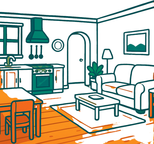 The inside of a quiet and peaceful house with no people inside.
In-Game asset.  2d.  High contrast.  No shadows