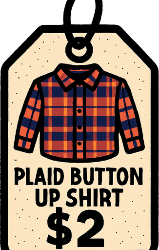 price tag that says plaid button up shirt $2.
In-Game asset.  2d.  High contrast.  No shadows