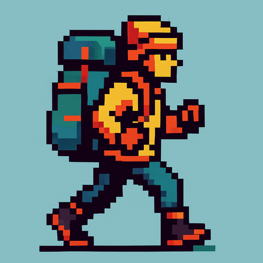 Personaje que sea un alpinista pixelado con una gran mochila que este en movimiento caminando 
In-Game asset.  2d.  High contrast.  No shadows