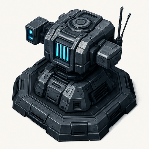 Namlusu olmayan, Teknolojik askeri kule, üstten görünüm, gerçekçi, yazısız.
In-Game asset.  High contrast.  No shadows