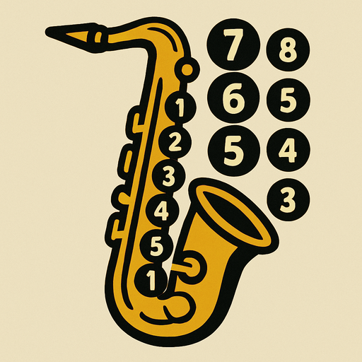 Saxophone keys numbered 1 to 8.
In-Game asset.  2d.  High contrast.  No shadows