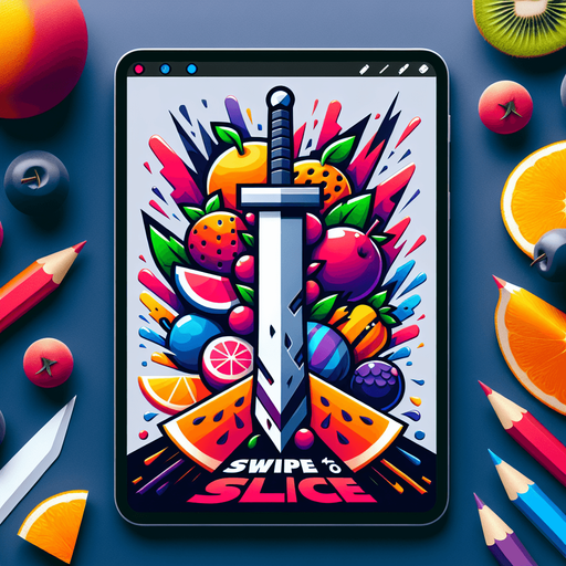 game icon for a video game called fruit slash, show an fruits cutting with sword symbols in the fore ground show the name of the game  "Swipe to Slice "big in the center with the fruits underneath.
Single Game Texture.  In-Game asset.  2d.  Blank background.  High contrast.  No shadows