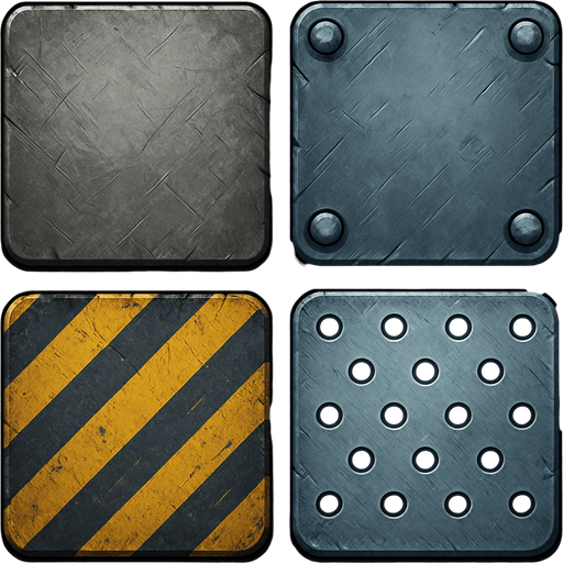 Different metal backgrounds, square.
In-Game asset.  2d.  High contrast.  No shadows