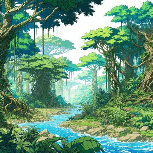 anime landscape deep jungle amazon.
Single Game Texture.  In-Game asset.  2d.  Blank background.  High contrast.  No shadows