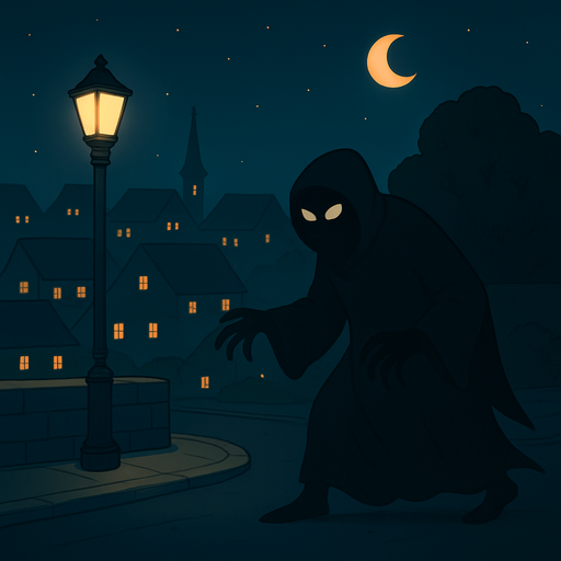 In a dark town street a mysterious shadow figure is creeping around