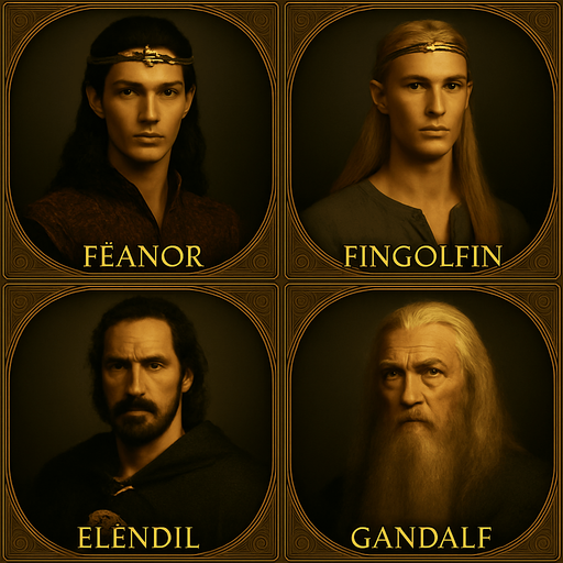 Feanor ve Fingolfin birer elf prensi buna layık olsunlar. Gandalfında şapkası yok. Çerçeve ve boyut vs değiştirmeden yeniden üret