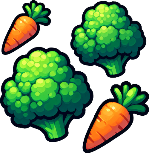 carrots and brocolli.
Single Game Texture. In-Game asset. 2d. Blank background. High contrast. No shadows.