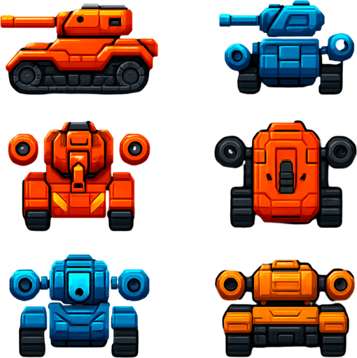Pack of different future tank enemy have 2 turrets on its 2 sides, different frames of it facing the screen by sides from the left side, right side, top,bottom,front,back, HD colors.
In-Game asset.  2d.  High contrast.  No shadows