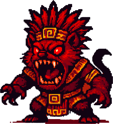 Genérame una Demonio de Tasmnia guerrero azteca con eso patrones, estilo pixelar, con una apariencia maligna, ojos rojos, rabioso. POderes, super rojo y rabioso, como un ejfe final. Animal. No tiene arams solo una gran y poderosa mordida.
In-Game asset.  2d.  High contrast.  No shadows