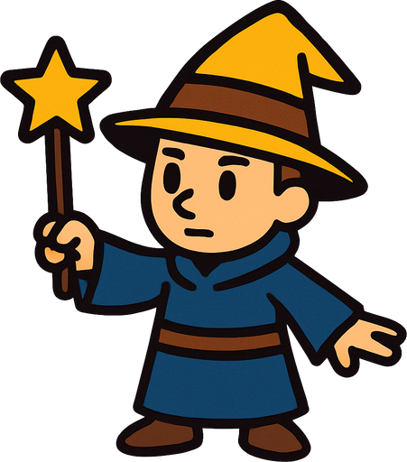 Mago con sombrero amarillo y marrón sin barba con varita con estrella sin barba, de cuerpo entero.
In-Game asset.  2d.  High contrast.  No shadows