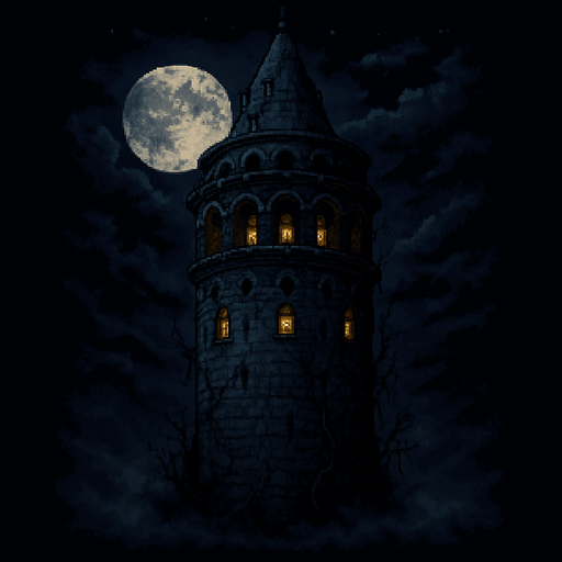 Create a pixel-art environment asset of the Galata Tower at night, in a dark and eerie style suitable for a 2D horror survival game. The tower should be tall and imposing with its recognizable cylindrical stone structure and conical roof. Add cracks, overgrown vines, and dim glowing windows to give it a haunted, ancient look. A full moon and cloudy night sky in the background. Mist or fog at the base. The overall atmosphere should feel ominous and mysterious. PNG format with transparent background..
In-Game asset.  2d.  High contrast.  No shadows