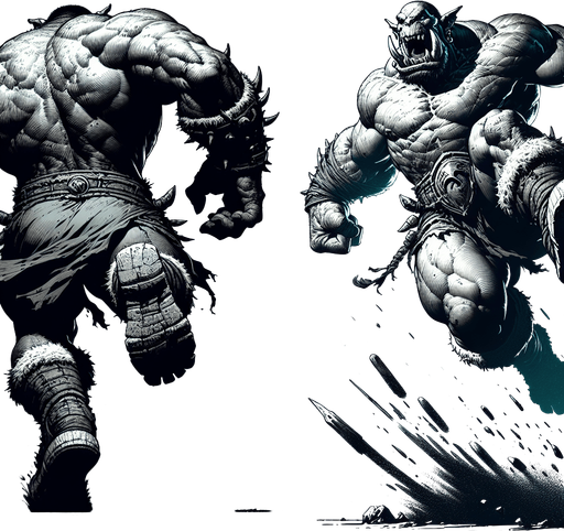 Two images of an orc. one running and one jumping to attack. both from behind, rear view. cartoon.
Single Game Texture.  In-Game asset.  2d.  Blank background.  High contrast.  No shadows
