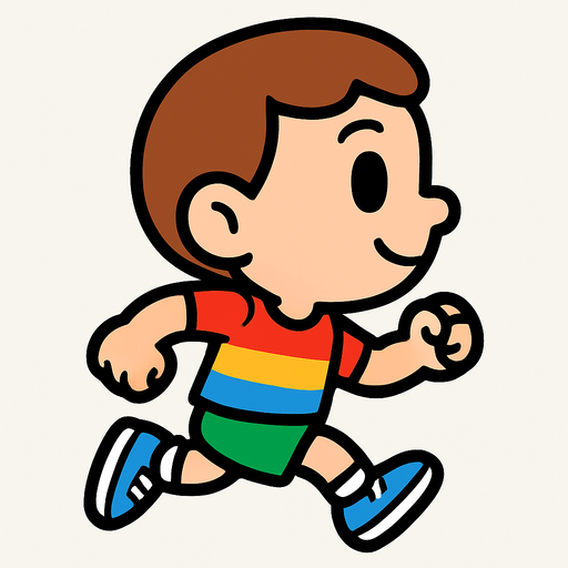 The character is a small 2D cartoon-style human with a big head and simple features. They have large eyes, a small mouth, and wear a colorful T-shirt, shorts, and sneakers. The colors are bright and friendly to make the character look playful and fun. The game is shown from a side view, so the character is always seen from the side. Only provide the running sprite, showing the character moving with simple leg and arm movements..
In-Game asset.  2d.  High contrast.  No shadows