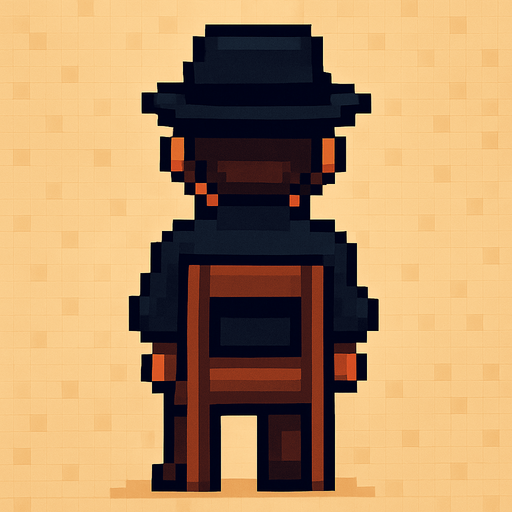 pianist man with hat from behind standing in chair without piano pixel art 2d