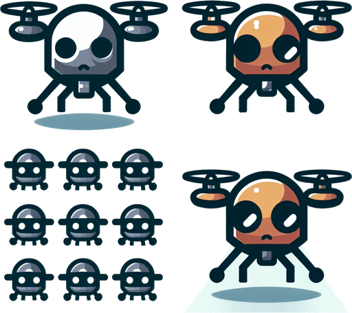 A evil cartoon drone.
Single Game Texture. In-Game asset. 2d. Blank background. High contrast. No shadows.
