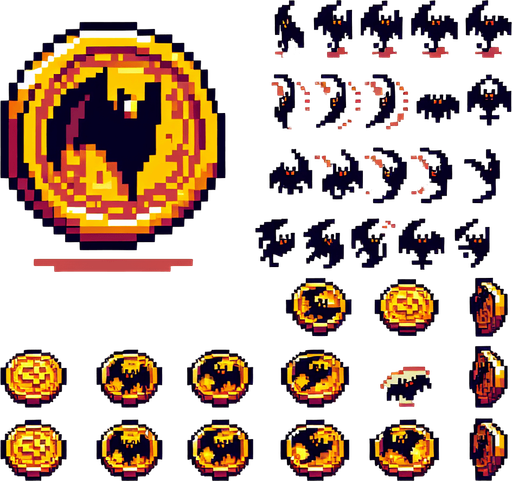 8-bit pixelated spritesheet of an isometric golden bat coin seen in multiple poses of spinning around it's y axis. the elements need to be orderly arranged for easy cropping.
Single Game Texture. In-Game asset. 2d. Blank background. High contrast. No shadows.