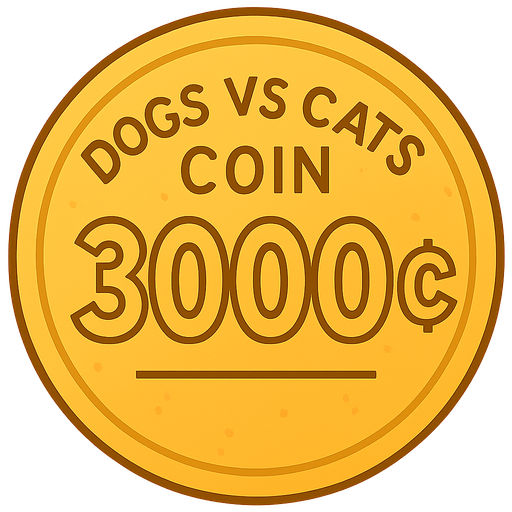 A golden shining coin with the words “dogs vs cats coin” at the top and the coin says “3000¢” with a dark yellow line under. No background. Transparent background. Blank background. No shadows. 2d. In-Game asset. flat