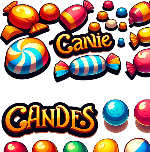 scritta caramelle.
Single Game Texture. In-Game asset. 2d. Blank background. High contrast. No shadows.