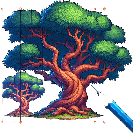 a tall, thick tree with many thick branches. full color..
Single Game Texture.  In-Game asset.  2d.  Blank background.  High contrast.  No shadows
