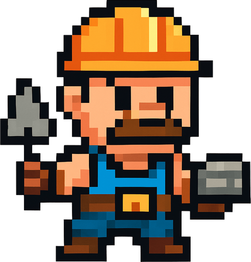 Genera una imagen de un albañil guerrero pixel, que su cabeza sea un poco más grande que su cuerpo, y que no tenga armas.
In-Game asset.  2d.  High contrast.  No shadows