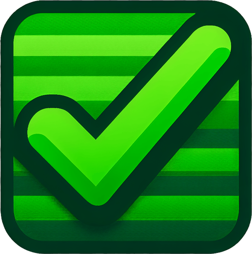 A bold green checkmark..
Single Game Texture. In-Game asset. 2d. Blank background. High contrast. No shadows.