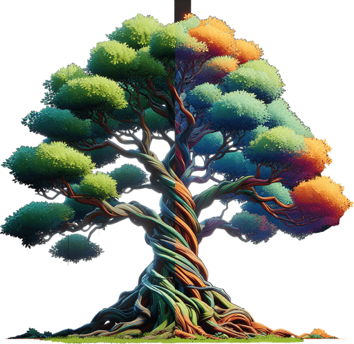 a tall, thick tree with many thick branches. full color..
Single Game Texture.  In-Game asset.  2d.  Blank background.  High contrast.  No shadows