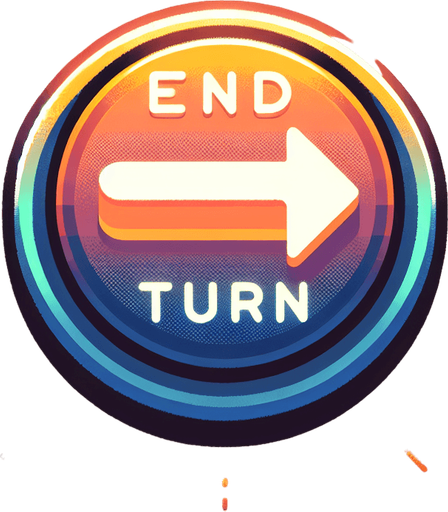 A glowing horizontal arrow button that says "End Turn"..
Single Game Texture. In-Game asset. 2d. Blank background. High contrast. No shadows.