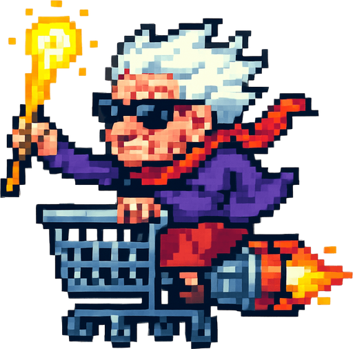 Pixel art sprite of a fierce old lady wearing sunglasses and a scarf, riding a rocket-powered shopping cart. She’s holding a glowing cane like a weapon. Side view, colorful retro 2D style.


PNG.
In-Game asset.  2d.  High contrast.  No shadows
